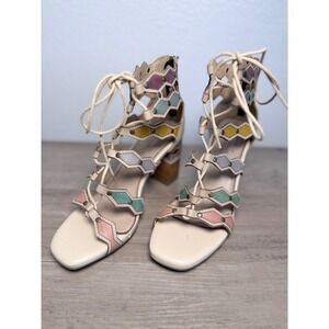 L'Artiste Spring Step Boho Leather Lace Up Heeled Sandals Multicolor‎ Size 38